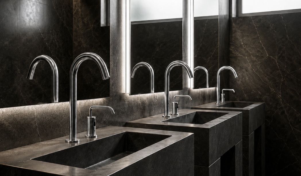Horizontal frame showing a deck-mounted commercial automatic soap dispenser and sensor faucet set for restroom troubleshooting